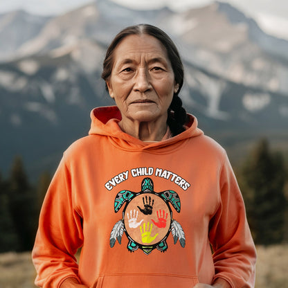 Every Child Matters turtle design - Orange Hoodie Lifestyle