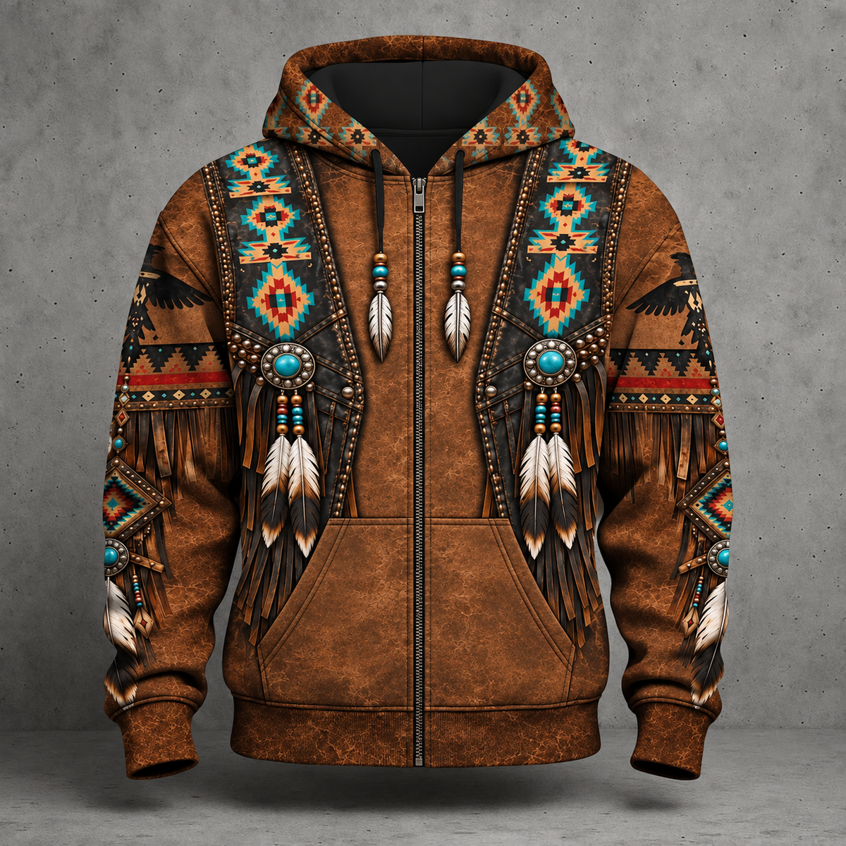 3D Hoodie Native American Faux Leather Vest Hoodie, Southwestern Tribal Eagle Feather Graphic