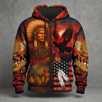 3D Hoodie Native American Faux Leather Vest Hoodie, Southwestern Tribal Eagle Feather Graphic