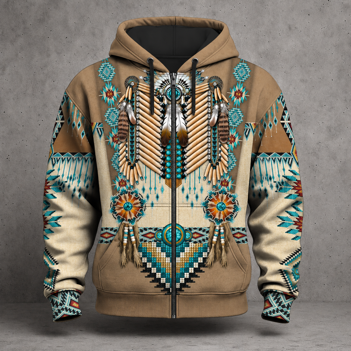 3D Hoodie Native American Faux Leather Vest Hoodie, Southwestern Tribal Eagle Feather Graphic