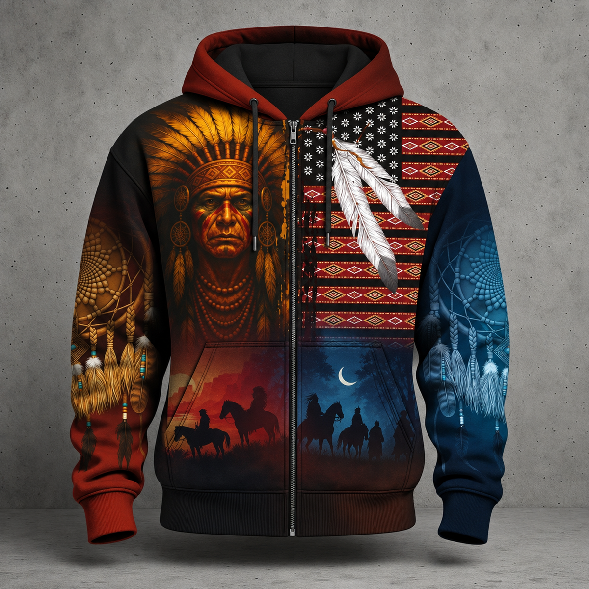 3D Hoodie Native American Faux Leather Vest Hoodie, Southwestern Tribal Eagle Feather Graphic