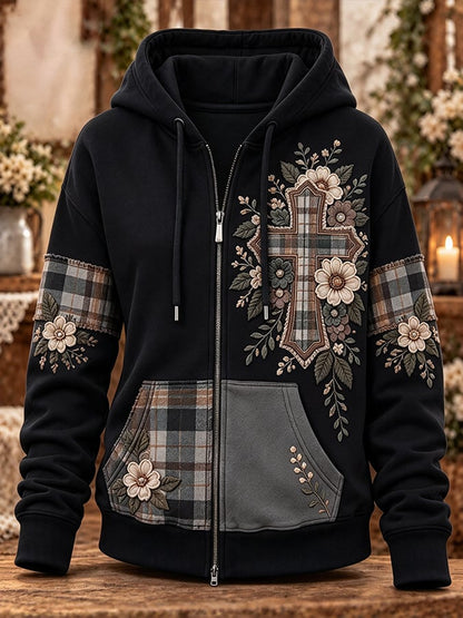 Women's Retro Camouflage Cross Pattern Patchwork Print Casual Hooded Sweatshirt