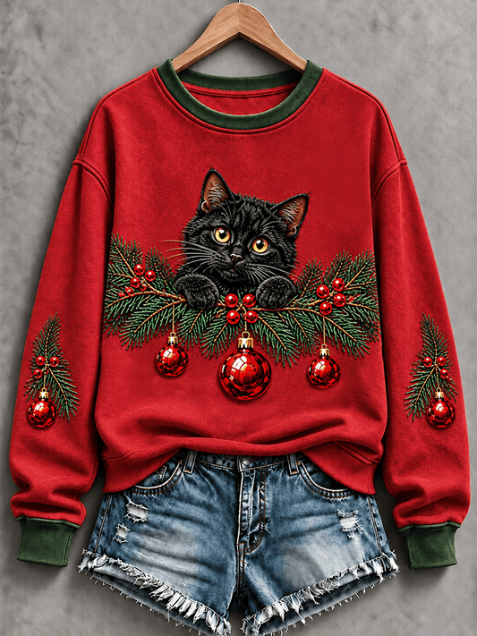 Women's Christmas Fun Cat Art Regular Sweatshirt