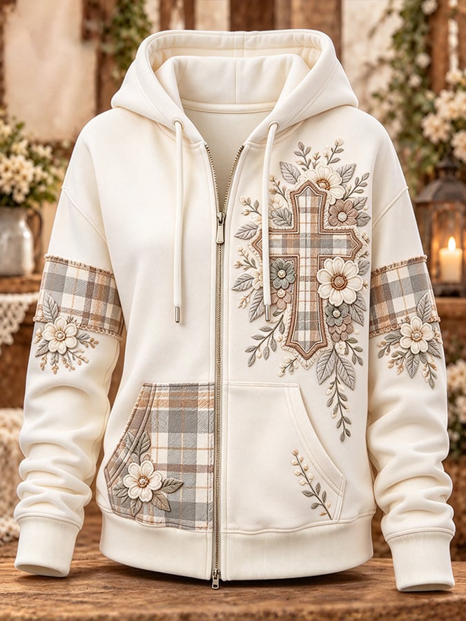 Women's Retro Camouflage Cross Pattern Patchwork Print Casual Hooded Sweatshirt