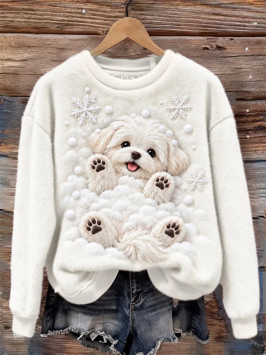 Women's Casual Cute Dog-Print Long-Sleeve Sweatshirt