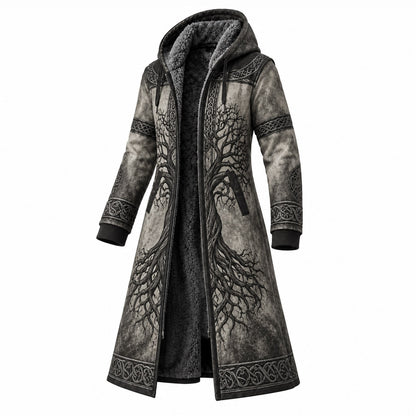 Black Gray Tree Print Longline Hooded Fleece Coat
