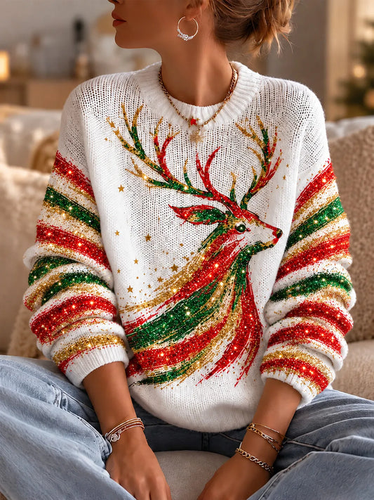 Women's Glitter Reindeer Christmas Art Print Knit Sweater