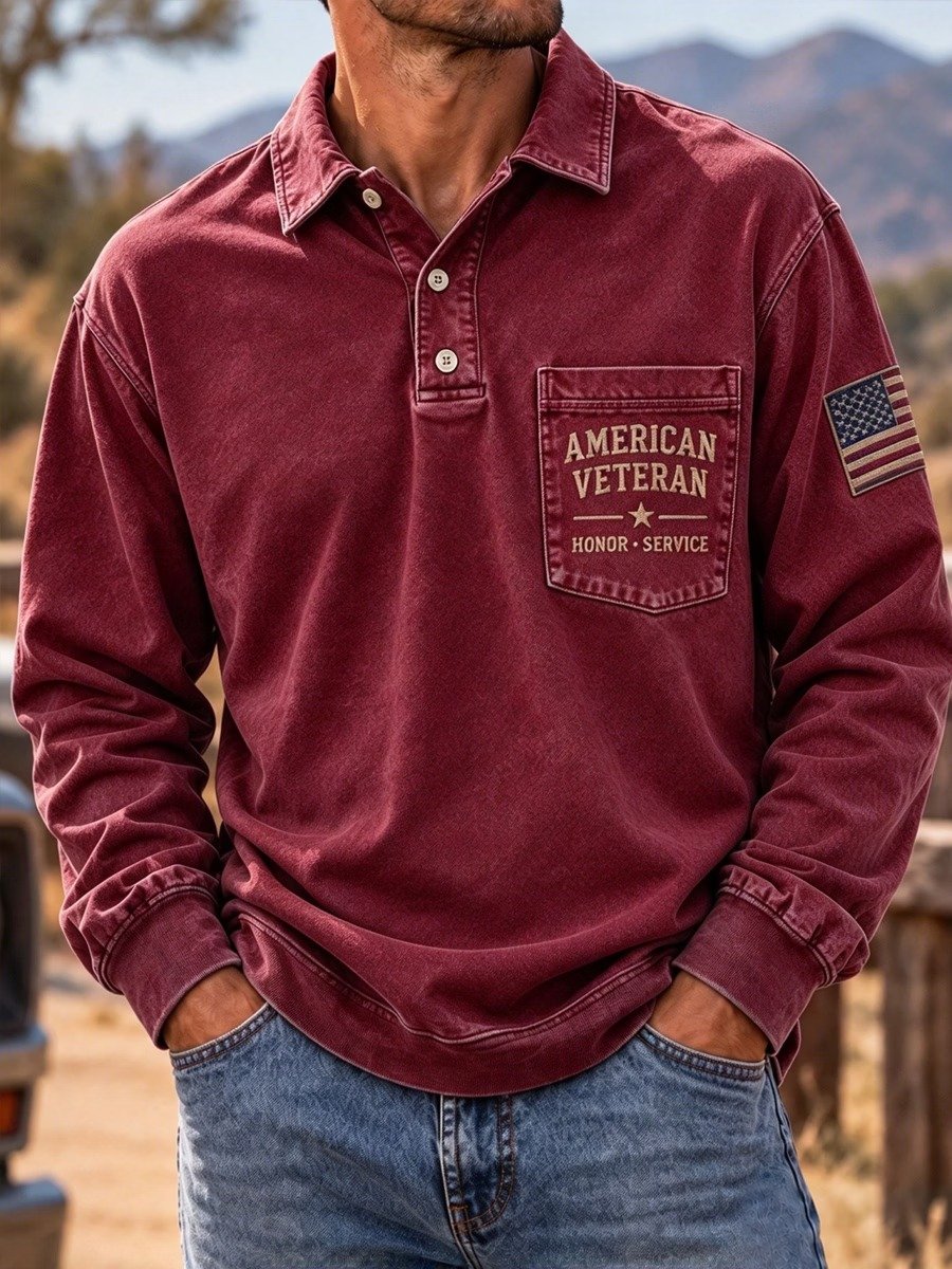 Men's Veteran Commemorative Print Long-Sleeve Polo Shirt