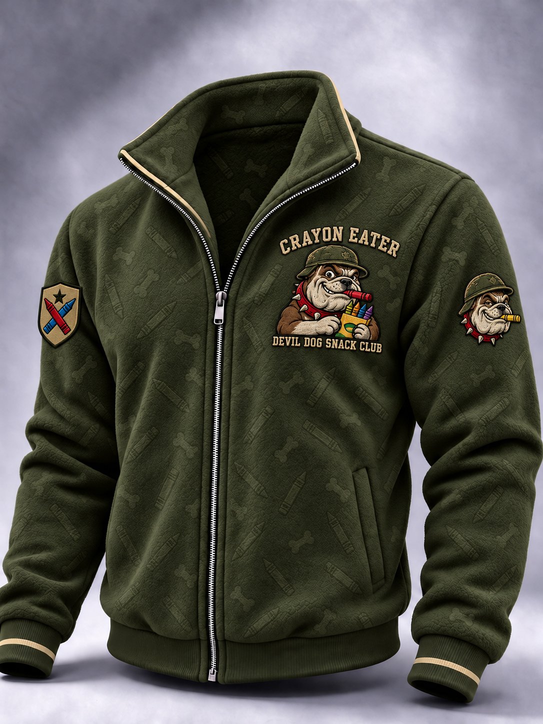 Men's Vintage U.S Veteran  Art Print Zip-Up Stand Collar Jacket
