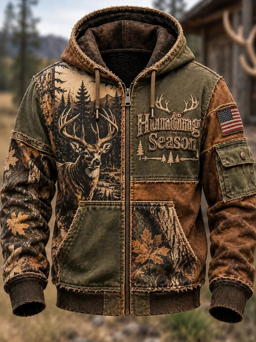 Men's Retro Hunting Culture Print Casual Full-Zip Hoodie
