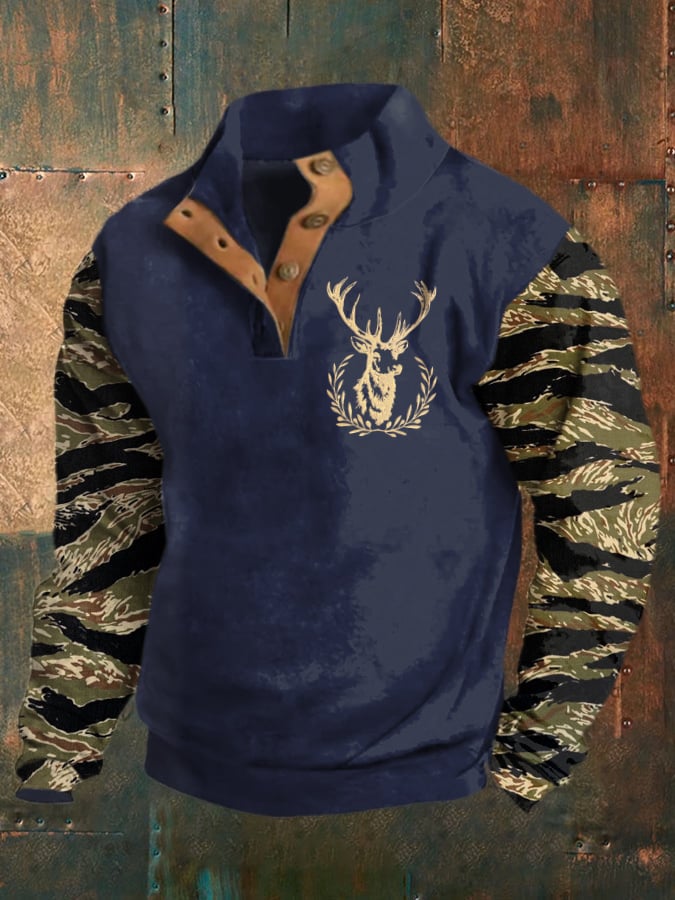 Men's Vintage Western Print Stand Collar Button-Down Sweatshirt