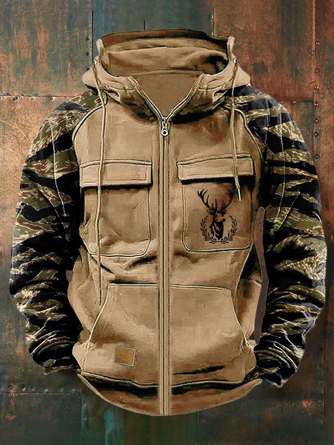Men's Vintage Western Deer Print Multi-Pocket Jacket