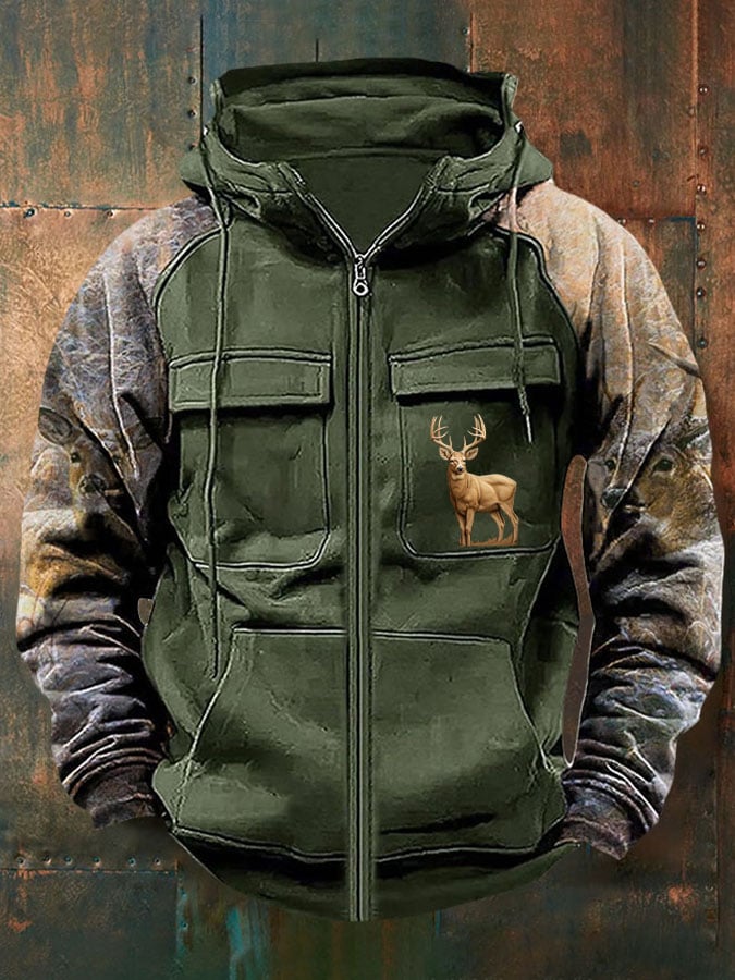 Men's Vintage Western Deer Print Multi-Pocket Jacket