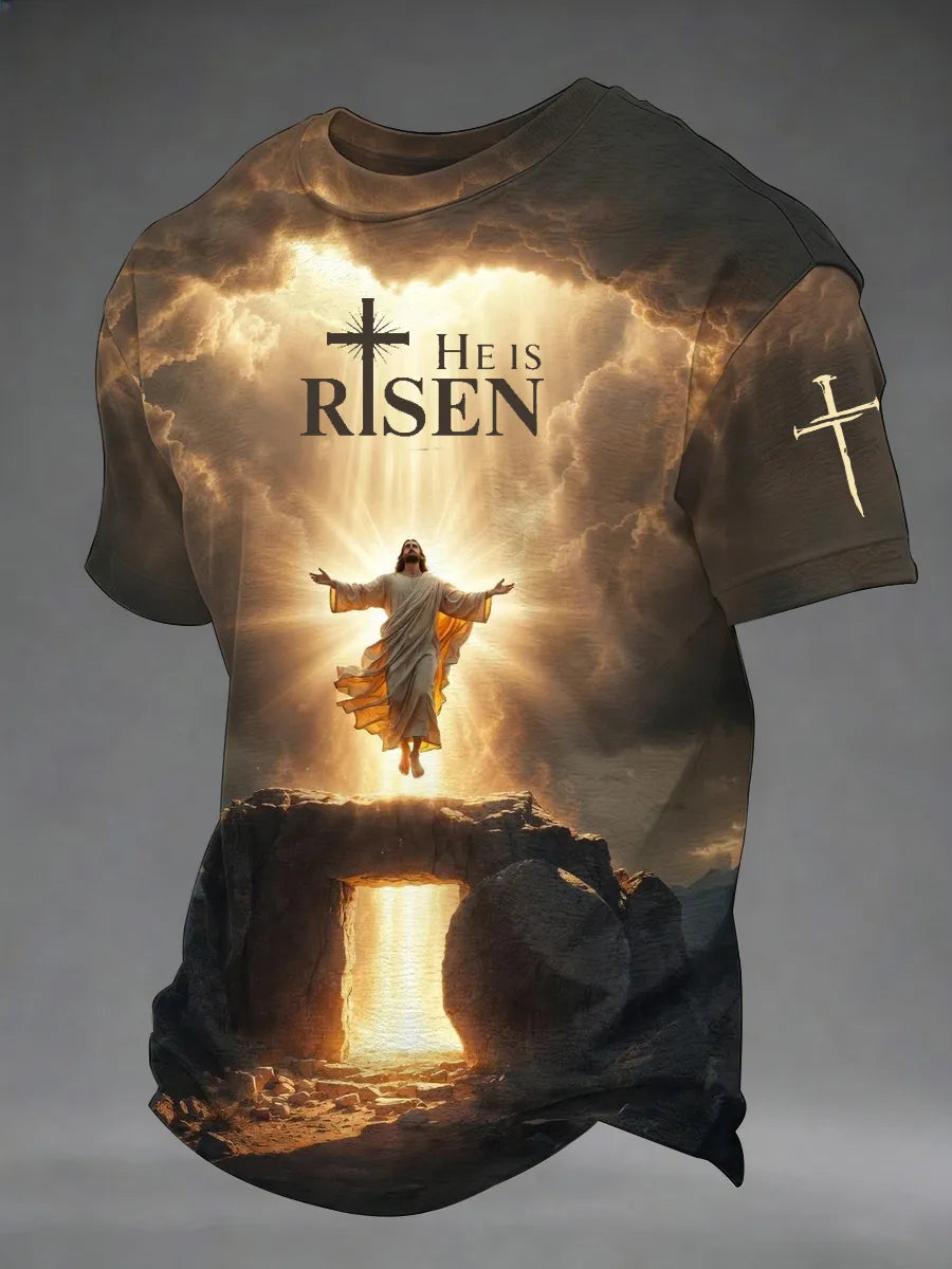 Men's He Is Risen Easter Jesus Christian Cross Print Casual Tee
