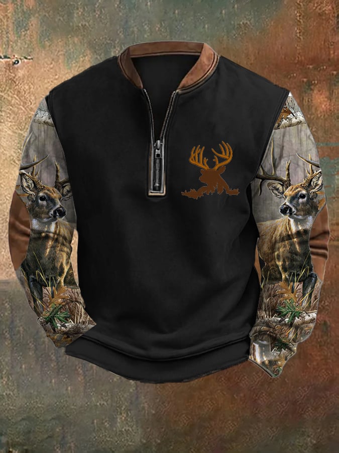 Men's Vintage Art Forest Elk Zip-Up Sweatshirt