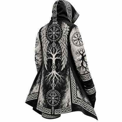 Black White Viking Winged Tree Zip-Up Hooded Jacket