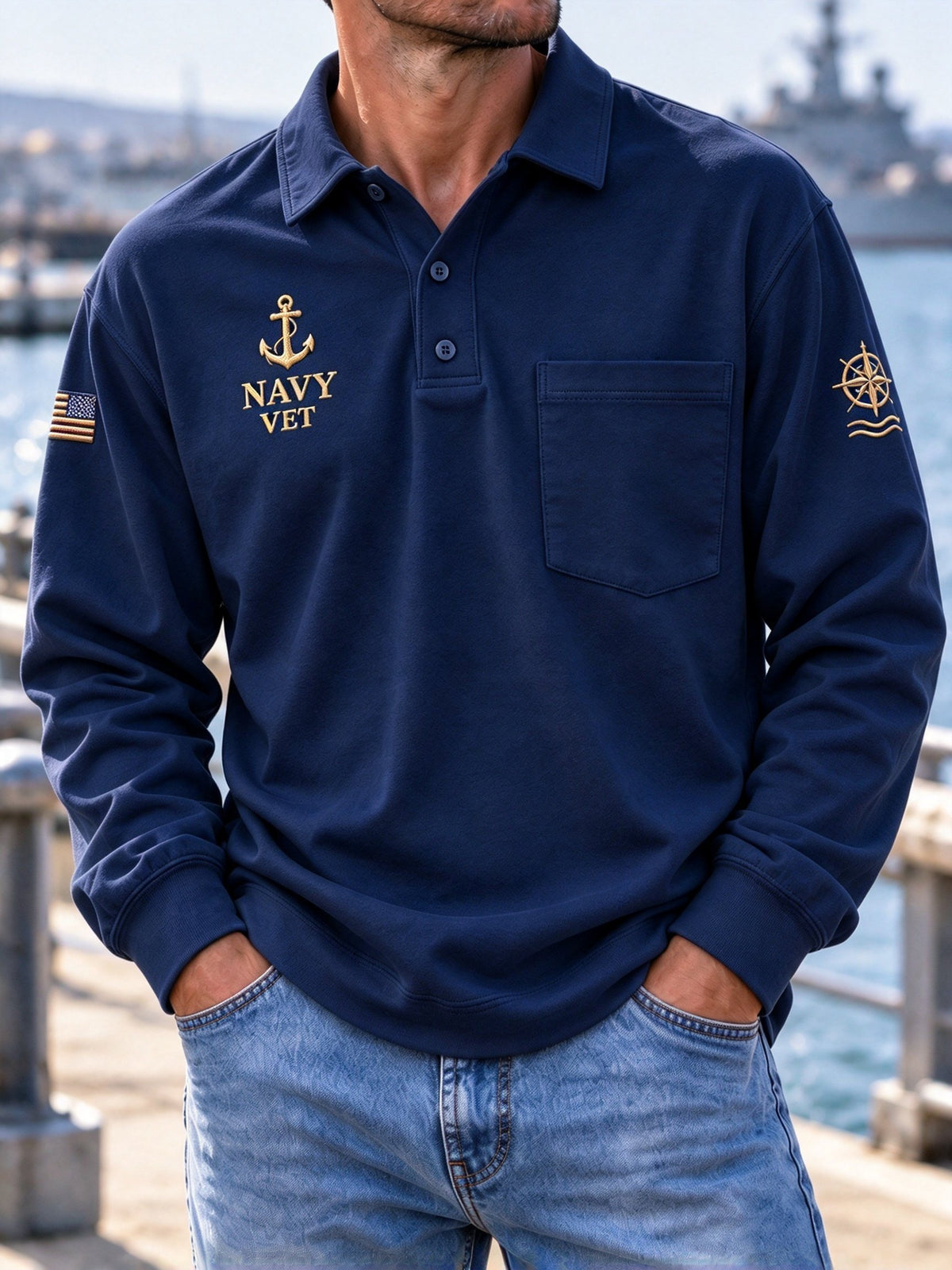 Men's U.S. Veteran Print Waffle Long Sleeve Polo