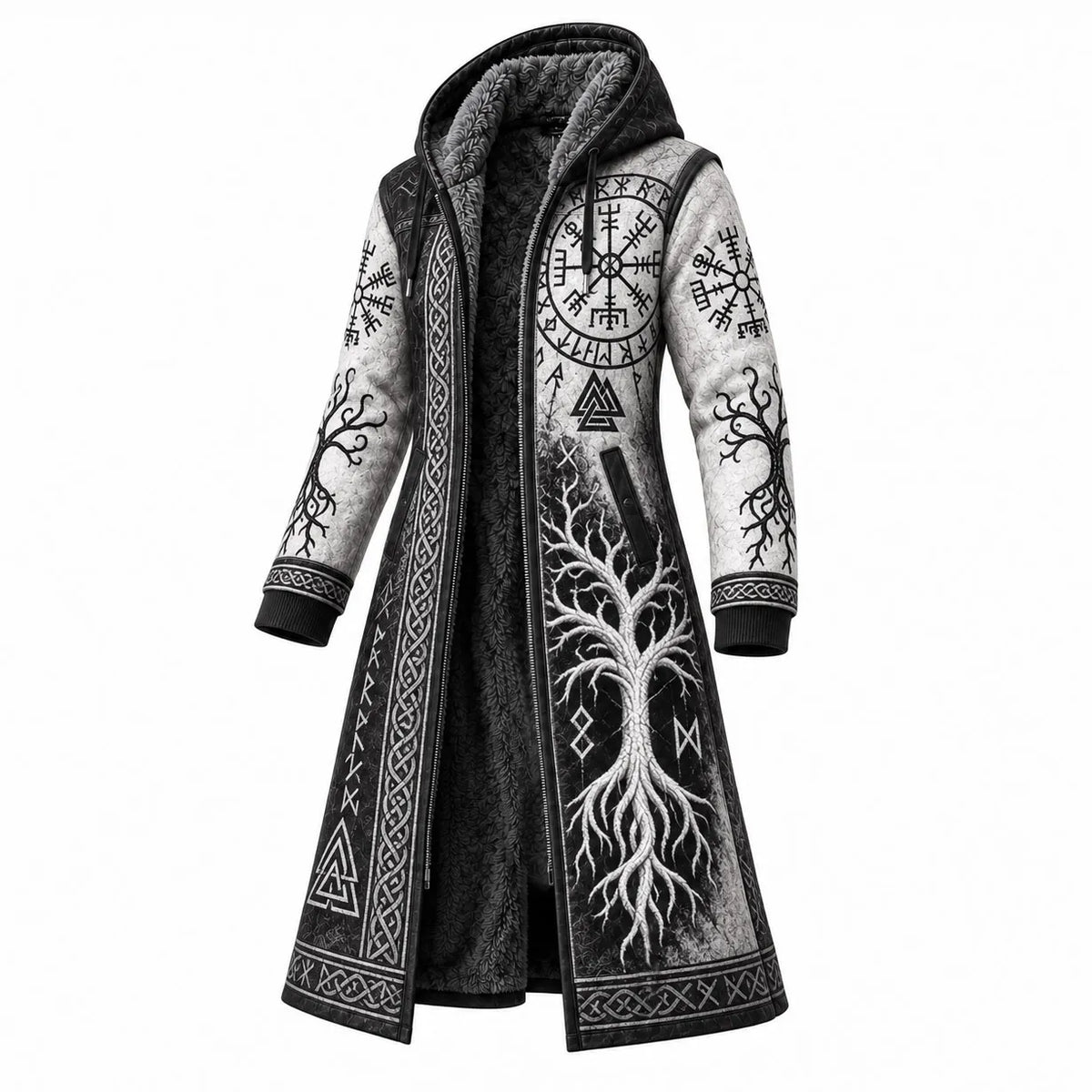 White Gray Compass Print Longline Hooded Fleece Coat