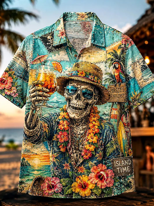 Men's Mysterious Skull Pirate On Vacation Drinking Cocktails Art Print Casual Shirt