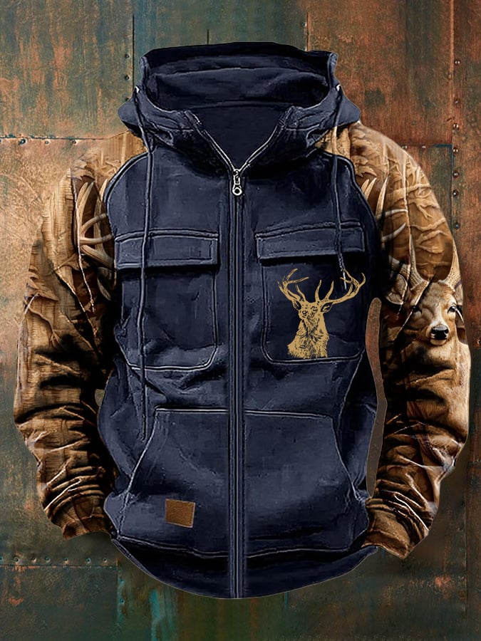 Men's Vintage Western Deer Print Multi-Pocket Jacket