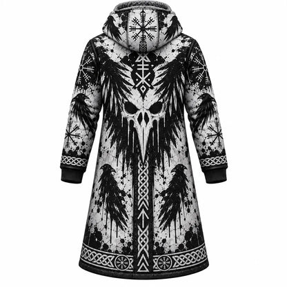 White Viking Raven Skull Fleece-Lined Long Coat