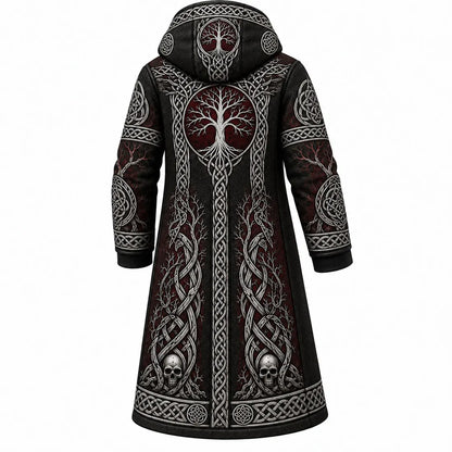 Black Viking Skull Tree Fleece-Lined Long Coat