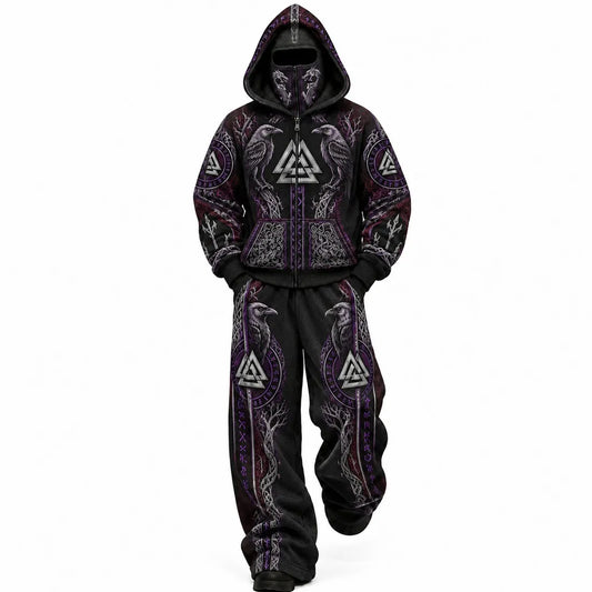 Black Viking Raven Mask Hoodie Set