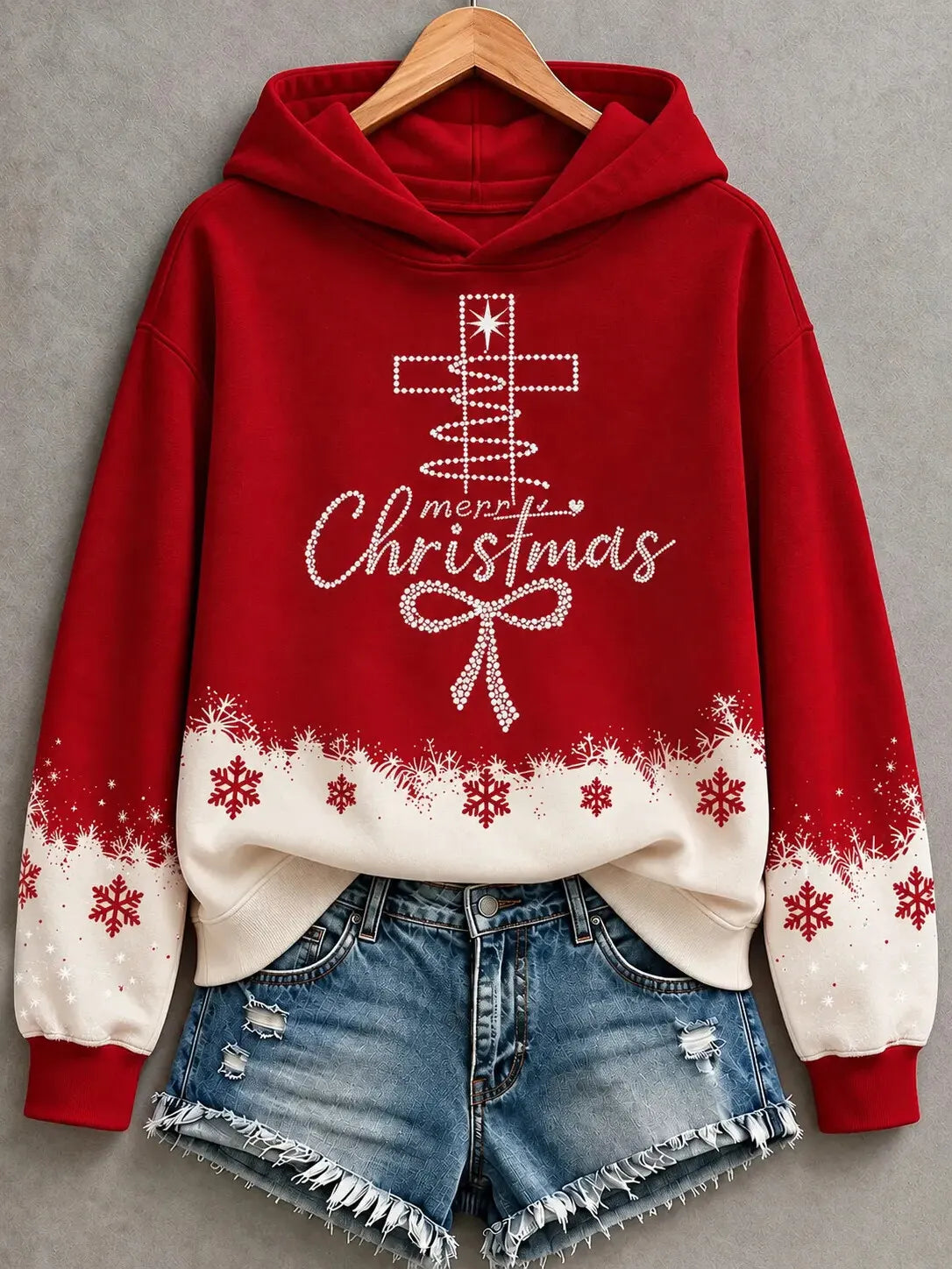 Women's Merry Christmas Rhinestone Cross Tree Bow Snowflake Color Block Art Print Hoodie