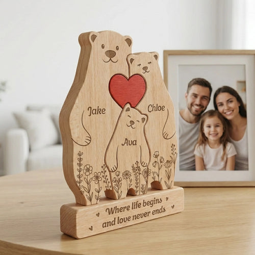 Bear Family, Mama Bear, Daddy Bear & Baby Cubs - Floral Style - Personalized Wooden Family Puzzle