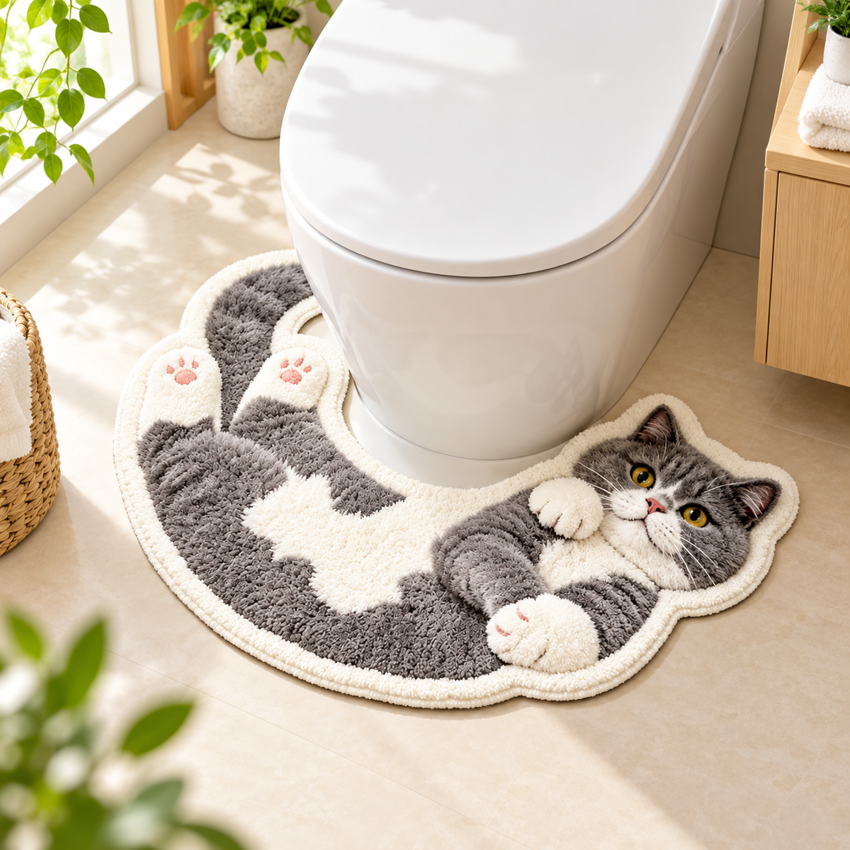 Cute Cat-Shaped Bathroom Rug – Soft Washable Non-Slip Toilet Mat