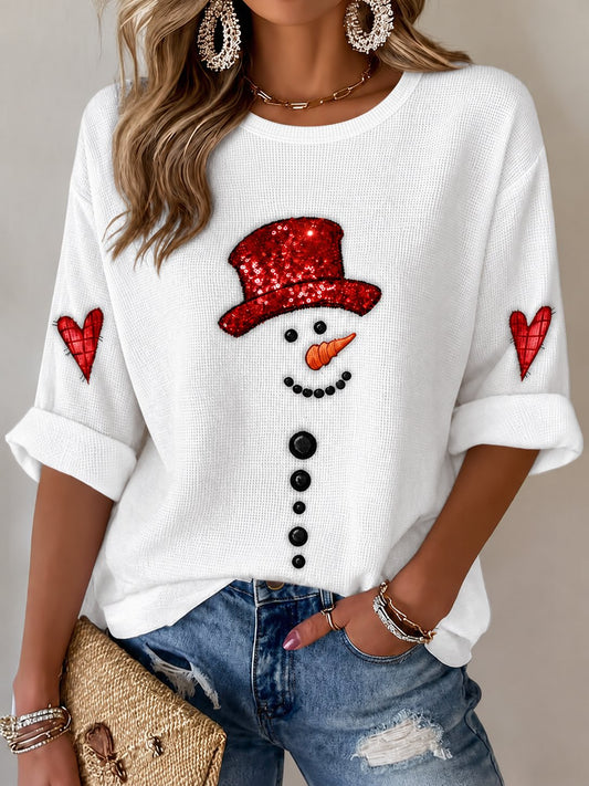 Women's Christmas Snowman Print Waffle-Knit Top