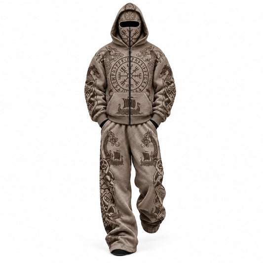 Khaki Viking Rune Compass Mask Hoodie Tracksuit Set