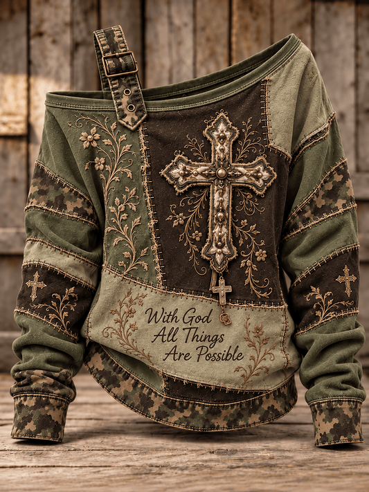 Women's Faith Patchwork Art Pattern Off-Shoulder Comfortable Sweatshirt