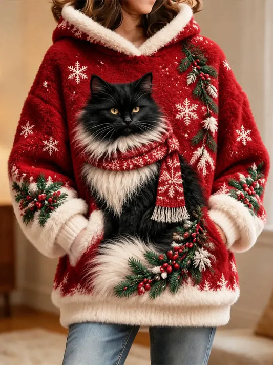 Women's Black Cat With Scarf Snowflake Holly Berry Christmas Art Print Flannel Hoodie