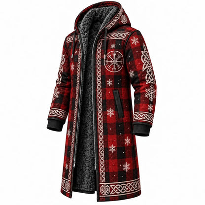 Red Viking Rune Plaid Fleece-Lined Long Coat