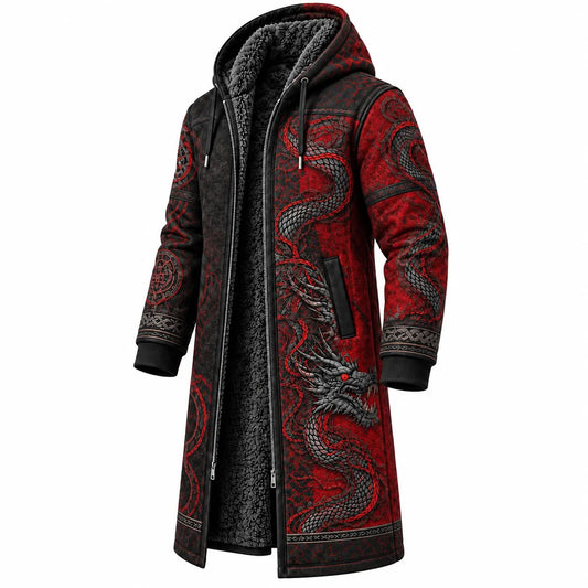 Black Red Nordic Pattern Longline Hooded Fleece Coat