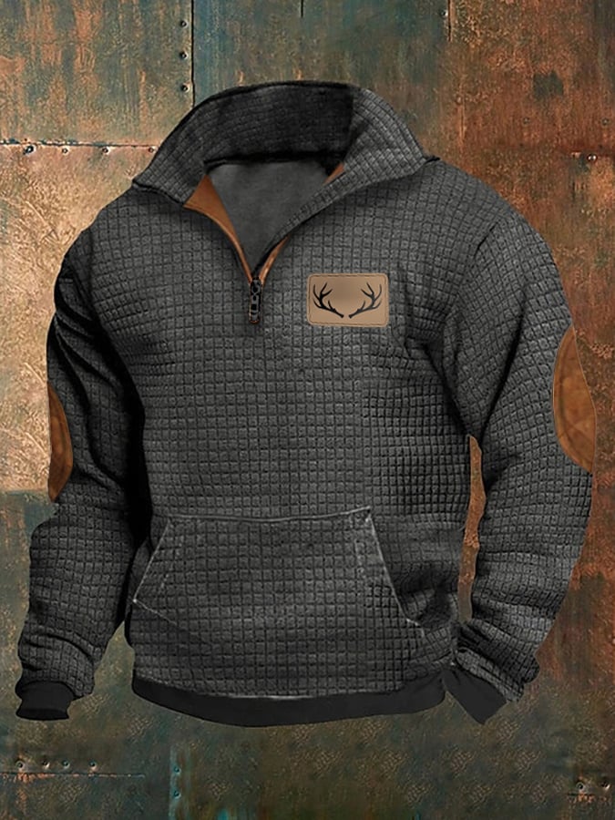 Men's Vintage Western Antler Hunting Enthusiast Stand Zipper Square Fabric Sweatshirt