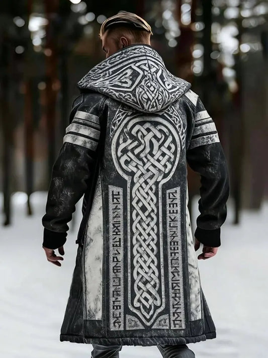 Men's Viking Celtic With Rune Totem Printed Fleece-Lined Hooded Jacket