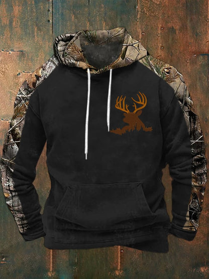 Men's Casual Retro Contrast Camouflage Elk Western Style Hoodie