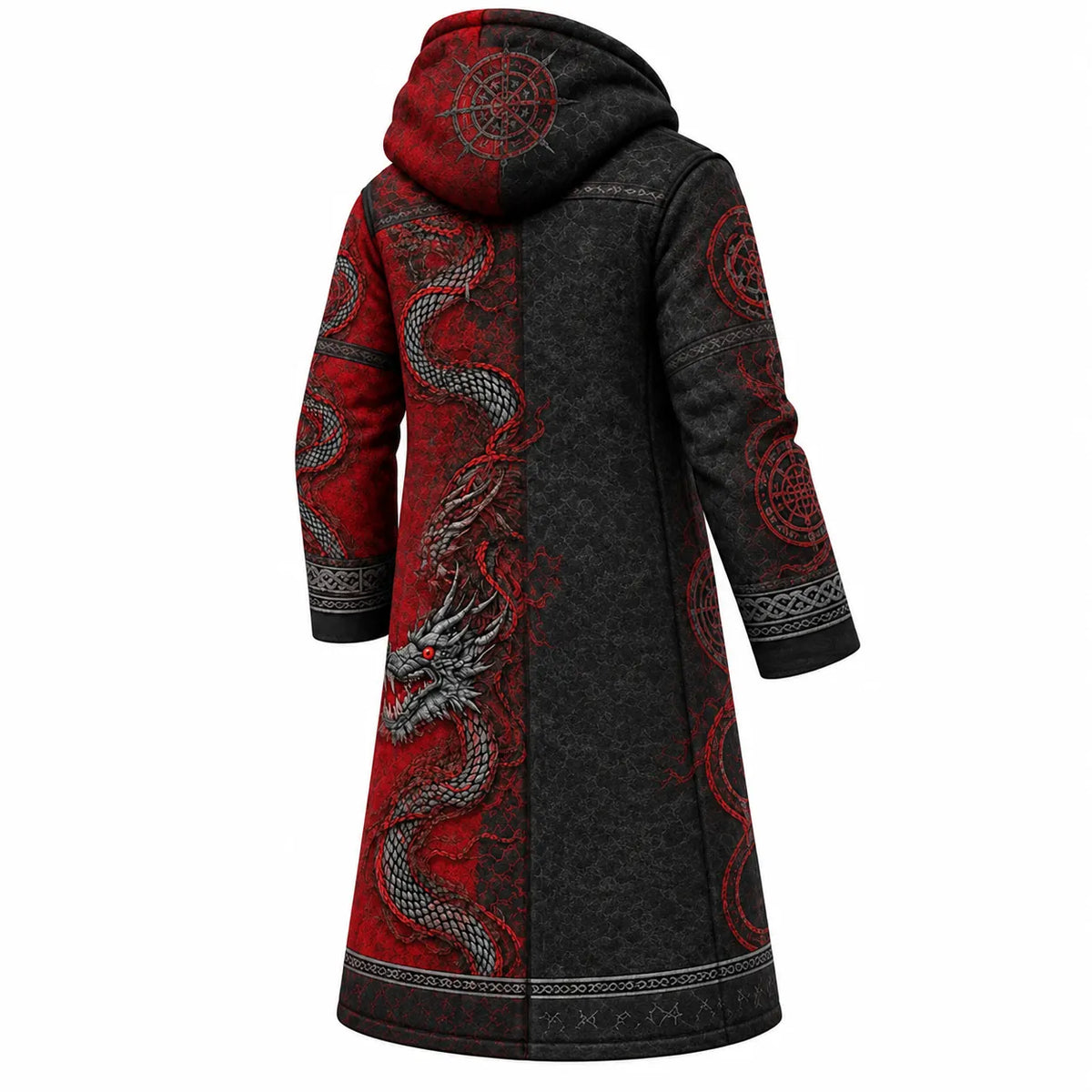 Black Red Nordic Pattern Longline Hooded Fleece Coat