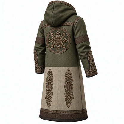 Olive Green Beige Nordic Pattern Longline Hooded Fleece Coat