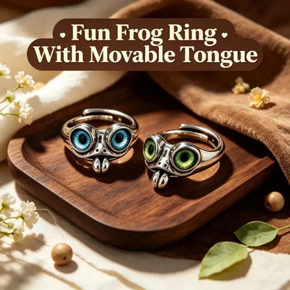 🐸 925 Sterling Silver Movable Tongue Frog Ring – Cute Adjustable Open Ring with Big Eyes