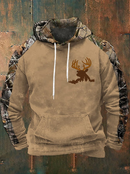 Men's Casual Retro Contrast Camouflage Elk Western Style Hoodie