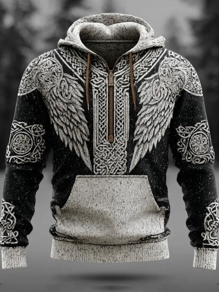 Men's Viking Mythology Viking Wings Zipper Vintage Hoodie Sweater