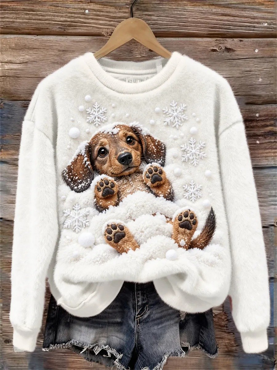 Women's Casual Cute Dog-Print Long-Sleeve Sweatshirt