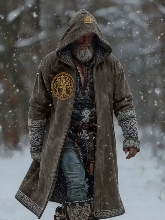 Viking-Style Totem Rune Printed Fleece-Lined Hooded Jacket