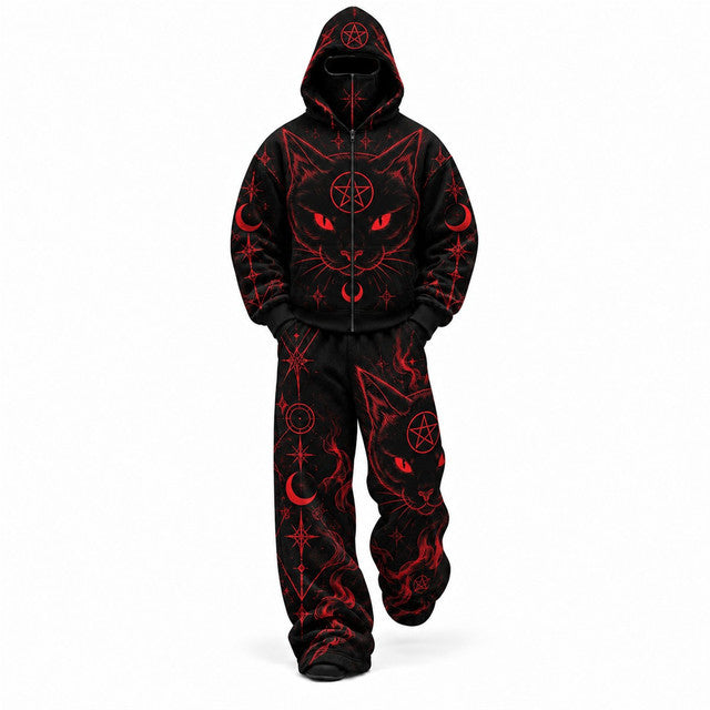 Black Gothic Occult Cat Mask Hoodie Tracksuit Set