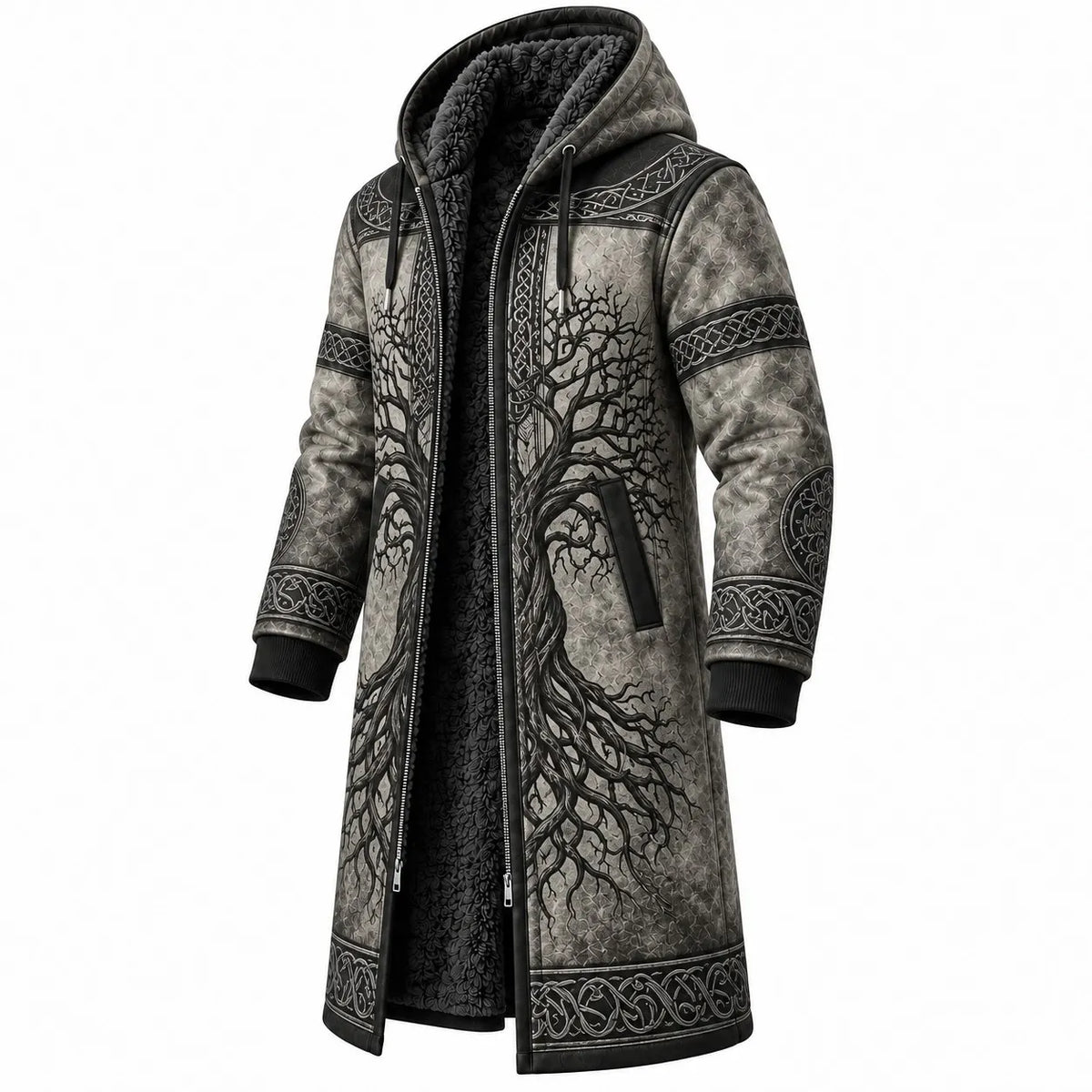 Black Gray Tree Print Longline Hooded Fleece Coat