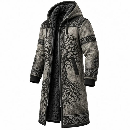 Black Gray Tree Print Longline Hooded Fleece Coat