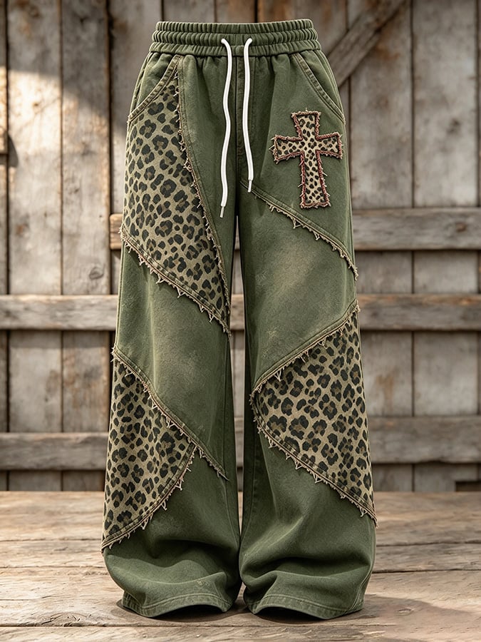 Women's Retro Leopard Print Cross Pattern Patchwork Casual Sports Pants